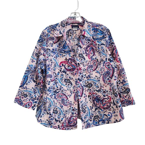 Basic Editions Paisley Boho 3/4 Sleeve Button Down Dress Shirt Work Wear Sz XL - Picture 1 of 11